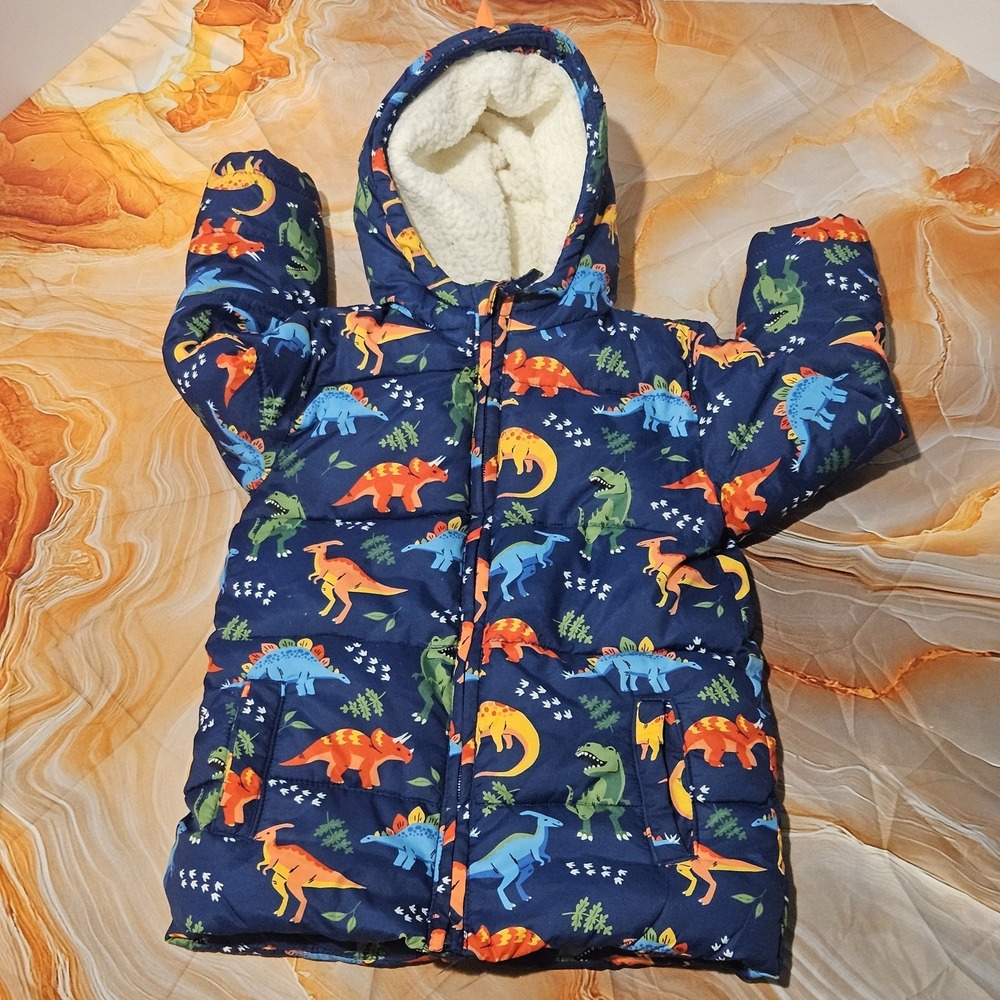 Gymboree Boys 5T Dinosaur Puffer Jacket Navy Hooded Sherpa Lined